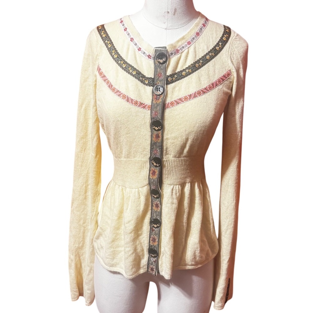 Womens Cream Floral Button Down Peplum Cardigan Sweater M